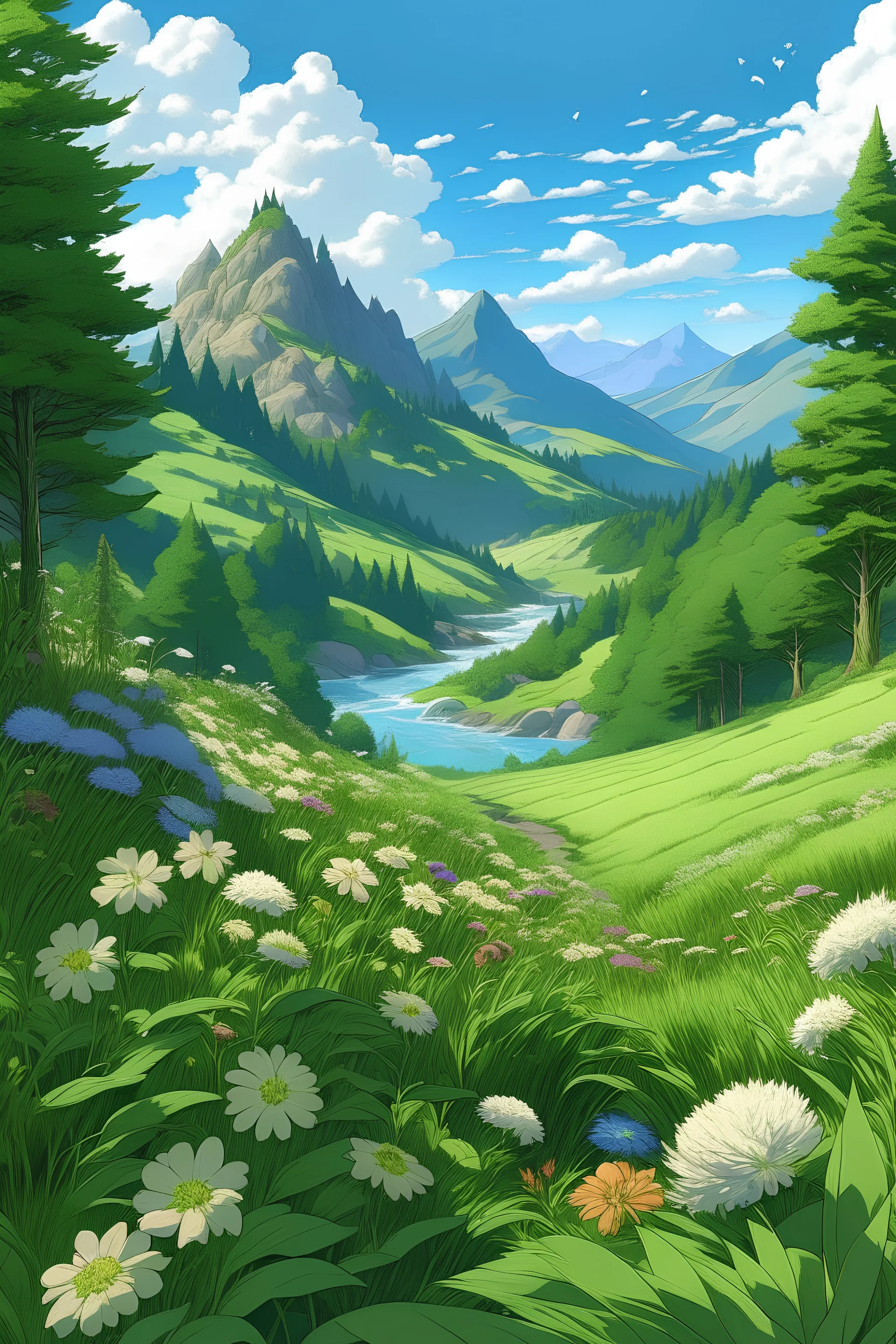 somewhere in mountain with a river flowing and greenry around with mainly herbs and flowers in bottom front in anime way