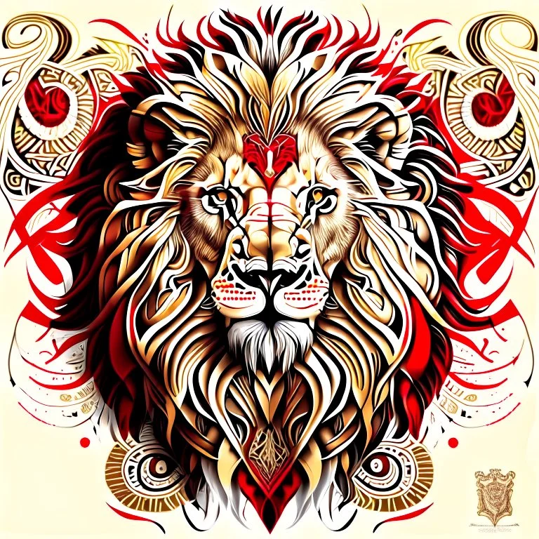 Lion symmetrical design ink art colors yellow cream red white and black hyper-detailed realistic 8k