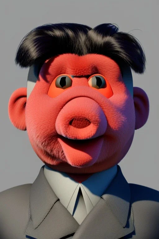 Waist up muppet Portrait, Kim Jong-un muppet doll, black suit, photo studio, red background, unreal engine 5, concept art, art station, god lights, ray tracing, RTX, lumen lighting, ultra detail, volumetric lighting, 3d.