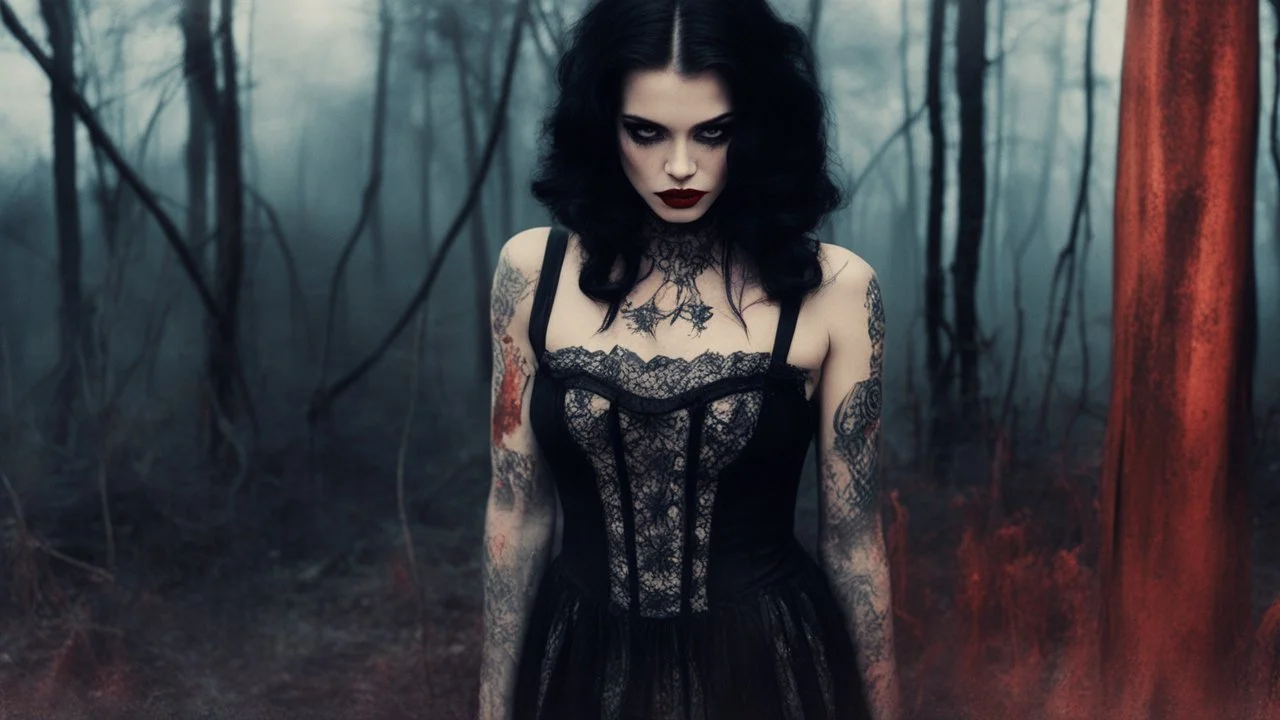 The Dark Lord's Granddaughter is a witch with her bloody fangs, covered by tattoos and lace agent provocateur dress [vintage style noisy scratches glitches, Shot the texture and then rewound the film and double exposed from a 1970 B series movie] she stands poised on hands and knees