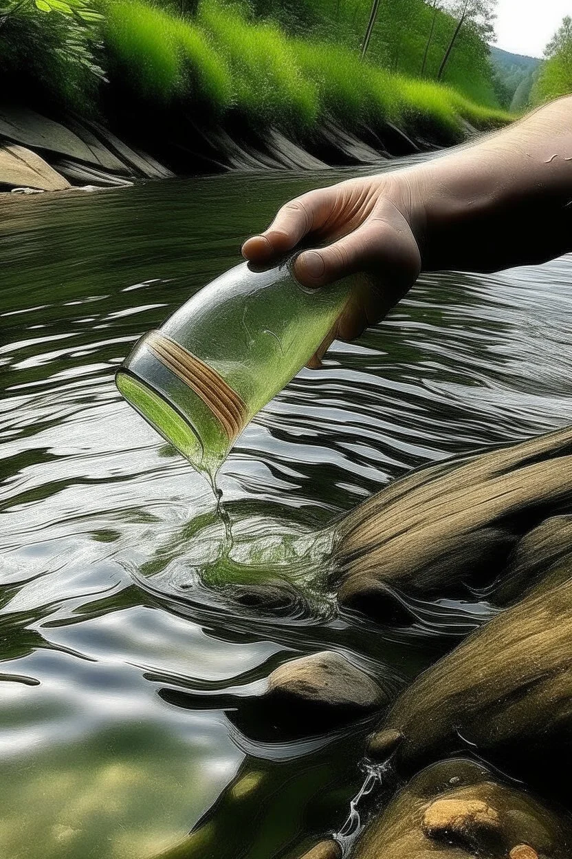 Tangan mengambil botol hanyut di sungai