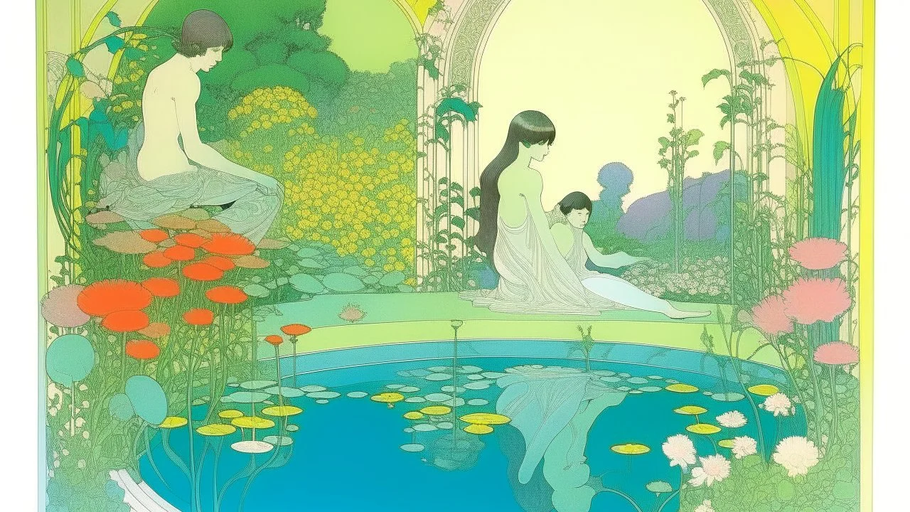 A contemporary serigraphy by Moebius with people drawn by Monet practicing yoga surrounded by blooming flowers and lush vegetation.