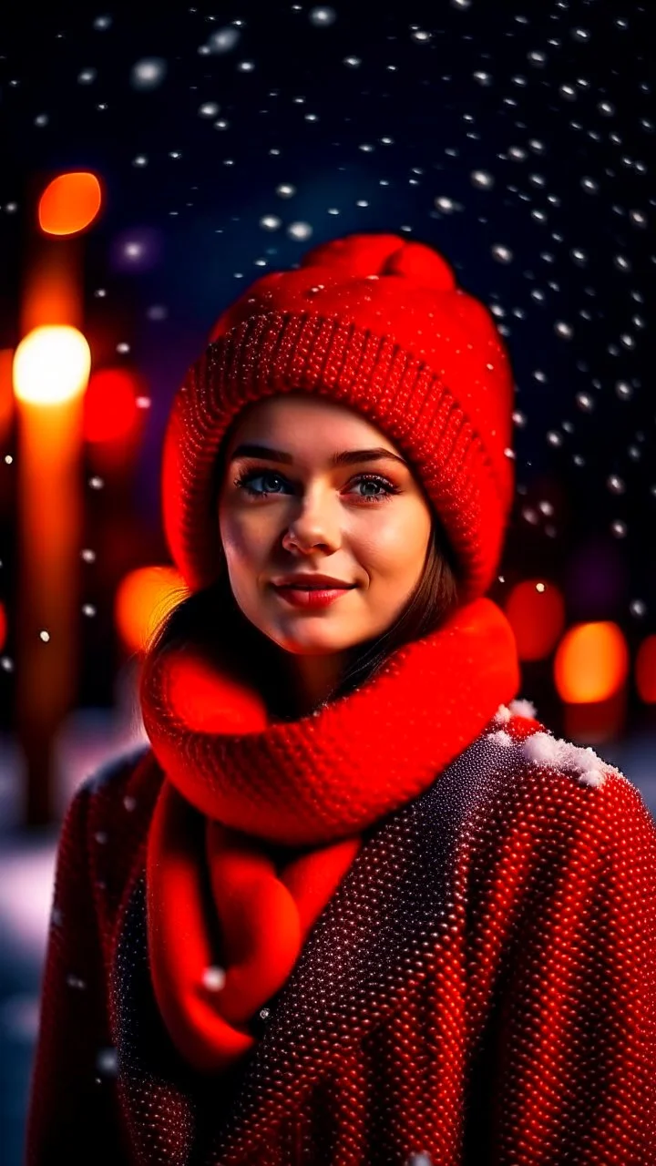 Cute girl in red hat and scarf, snowfall in the background, night