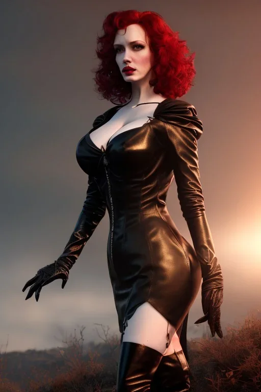 Christina Hendricks as evil queen in black leather gown, feminie, angry, stern look on her face, volouptous, busty, cleavage, emperious, mature, style of frank miller sin city, unreal 5, octane render,cinema4d, dynamic lighting, dramatic lighting, 4k, redshift render, highly detailed, hyper realistic, inside dungeon