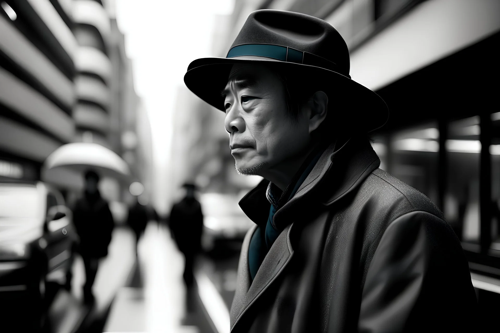 fotografía en blanco y negro, un hombre vestido con abrigo y sombrero de ala ancha, en un calle de una ciudad japonesa, figura difuminada en primer plano, mirada lateral, de fondo las líneas de la perspectiva se entrelazan uniéndose en un punto al fondo, arrecia una tormenta, fotografía realizada con cámara Leica y objetivo de 35 mm