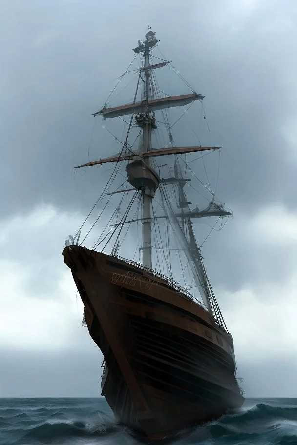 Ship front view. Spider figurehead in dark stormy weather