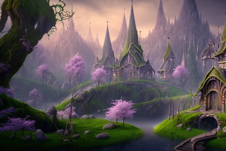 Immersive​ fantasy elven town city in the deep forest with ancient elder tree blossom river 4k full hd