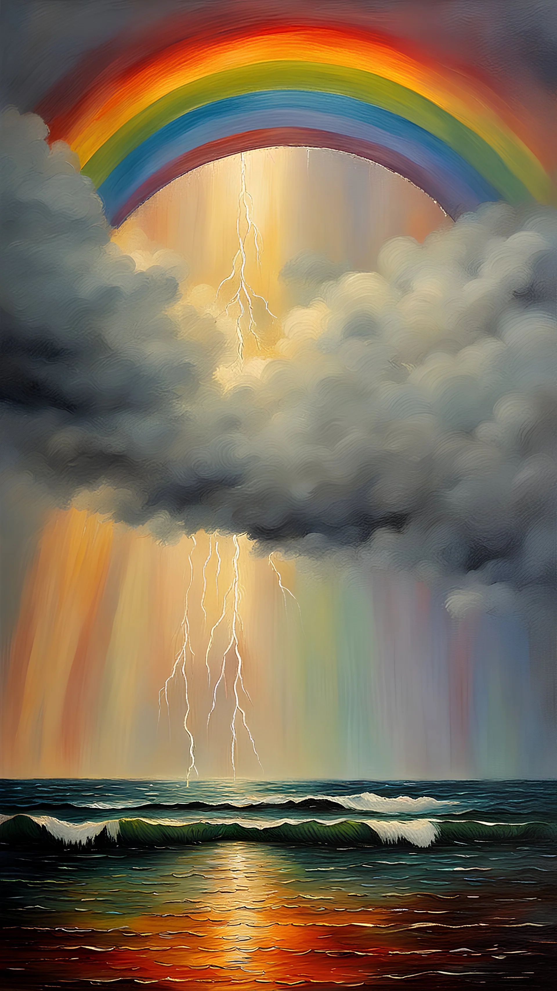 impressionism-style oil painting of a rain thunderstorm in an ocean with a rainbow
