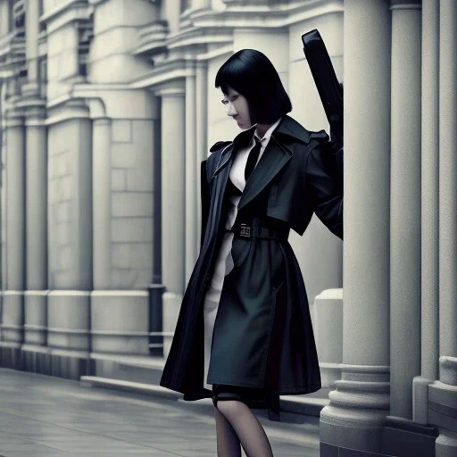 A beautiful slender young Asian woman with short black hair and a black trench coat, waiting for a man at night at a train station in London