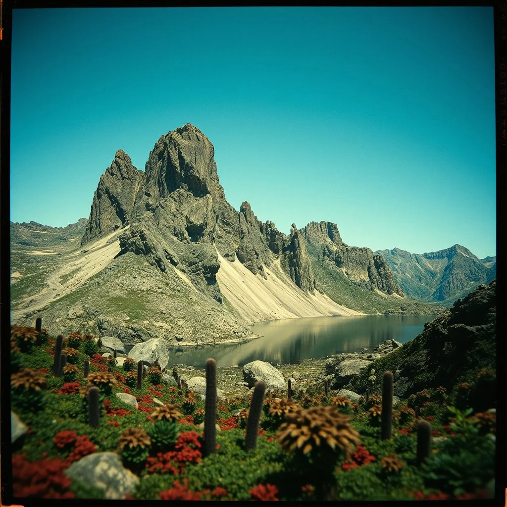 Sublime foto close-up polaroid ad alta definizione di una montagna rocciosa, un lago, surreale, colors, cityscape scifi, collage art, dadaism, sublime, splimapys nero, cielo nero, acqua nera riflette un sole nero, macabre piante circondano il lago, alghe, hypermaximalist, Max Ernst style, strangeness, intricate, hypnotic, obsessive, 8k, deep 3d field, very accentuated details of the rocks and shtn, eerie, artistic photo, shot on Hasselblad, large format film, medium format film