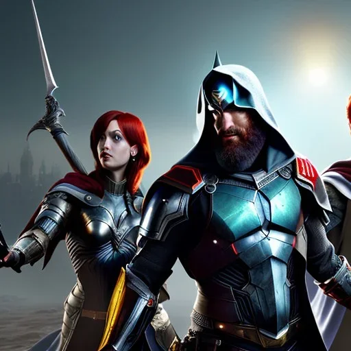 Three rogues taking a selfie, red hair, magic, spellcasting, medieval armor,fantasy adventure, photorealistic, pristine,