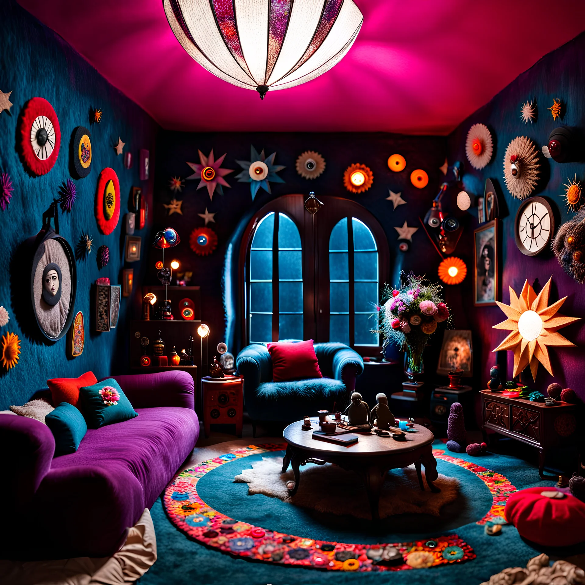 Detailed people, creepy living-room made of felt, naïve, vintage toys, sun, vsuuy, splimapys, volumetric light, flowers, naïve, Tim Burton, strong texture, orero dream, extreme detail, Max Ernst, decal, rich moody colors, sparkles, Harry Potter, oddest