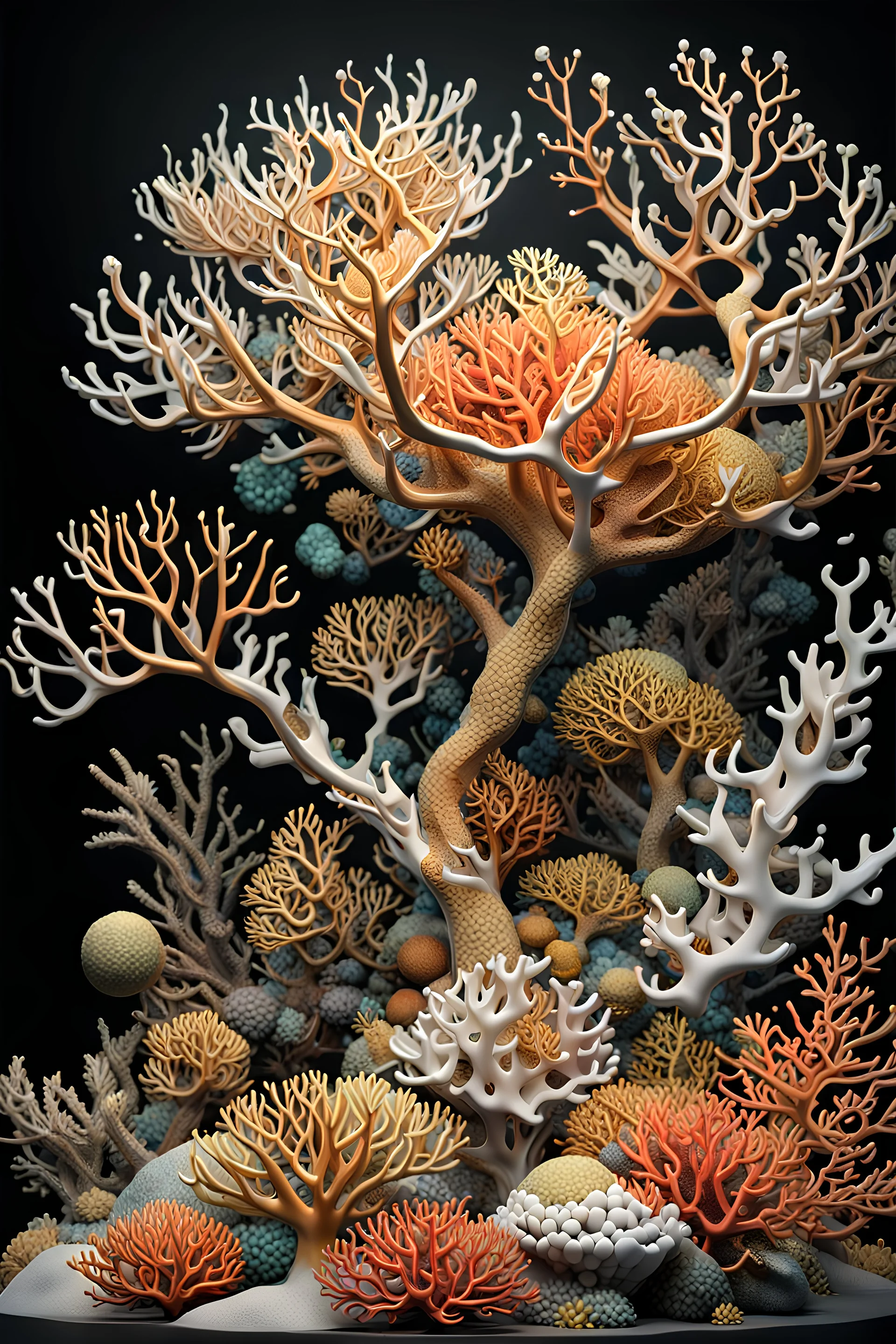 3D rendering of Expressively detailed and intricate of a hyperrealistic “coral reef”: side view, scientific, single object, glossy white, shinning gold, vines, tribalism, black background, shamanism, cosmic fractals, octane render, 8k post-production, detailled metalic bones, dendritic, artstation: award-winning: professional portrait: atmospheric: commanding: fantastical: clarity: 16k: ultra quality: striking: brilliance: stunning colors: amazing depth