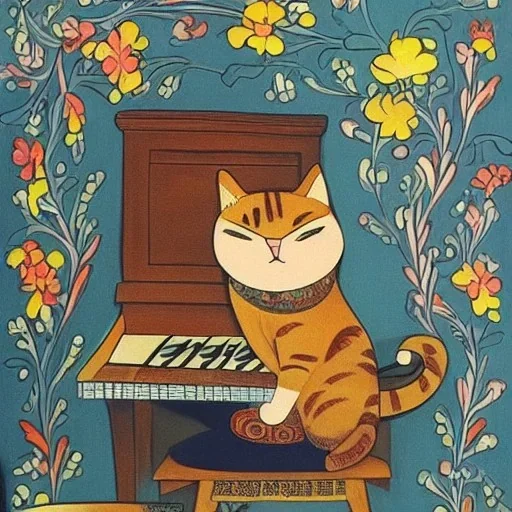 cat playing piano in style of mescal art