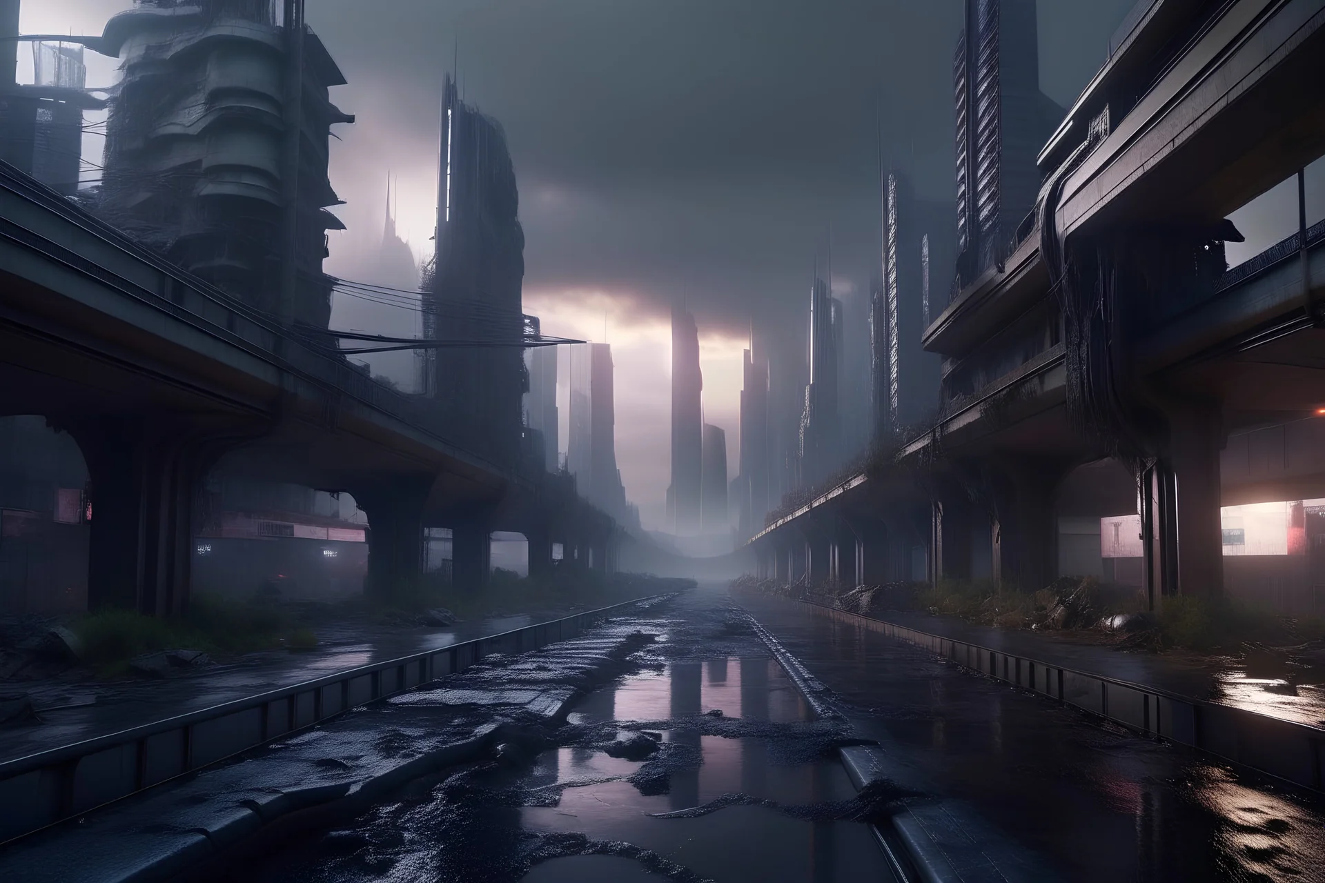 photo très réaliste d'un paysage futuriste, comme new-york, très dark, très triste et très désolé, très sale, futur apocalyptique, batiments délabré dans une ville, une route au milieu, couleurs psychédeliques, cyberpunk, traits de crayon comme dans le jeu vidéo jetset radio, hd, 4k, très épuré, très intriqué, rendu octane