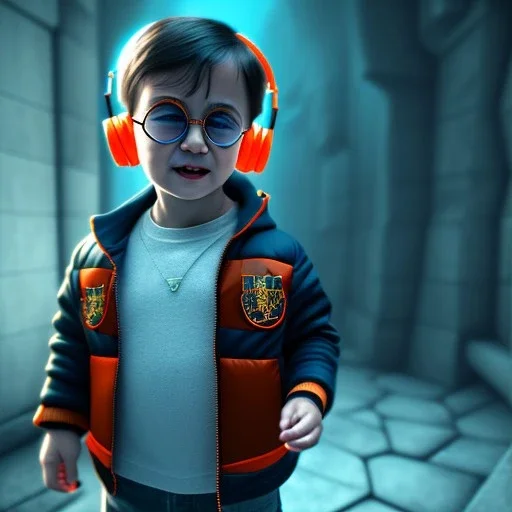 Harry Potter toddler, smile, cyberpunk headphone, sunglass, gangsta neckless, full body, orange puffer jacket, tokio background, dramatic lighting, hyper realistic, unreal engine 5, 16k