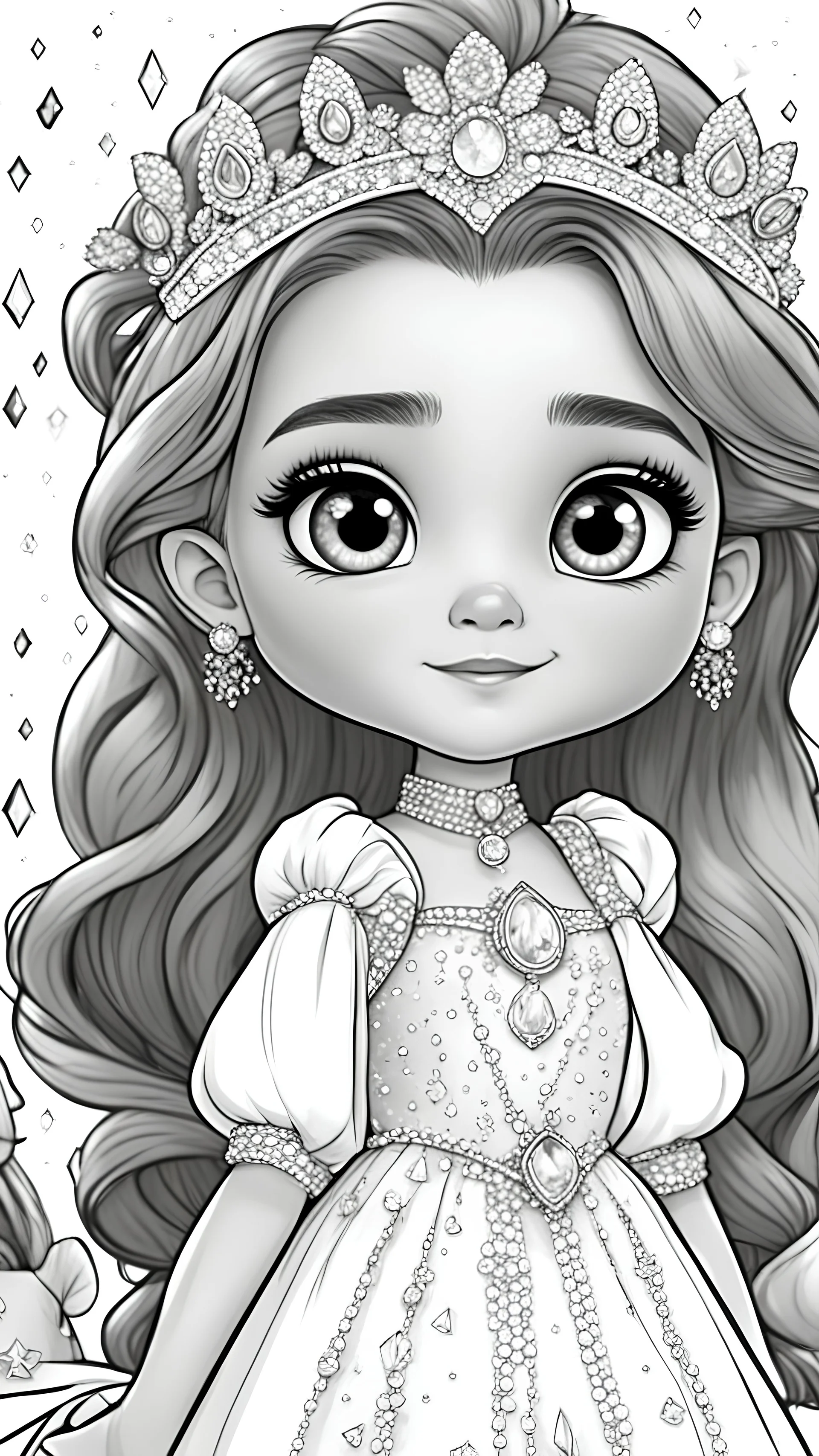 black and white, ((white background,)) coloring drawing page, cartoon, style pixar, line art, beautiful cute princess, beautiful dresses, with cute hair and eyes, crystals and diamond, sparkles background,