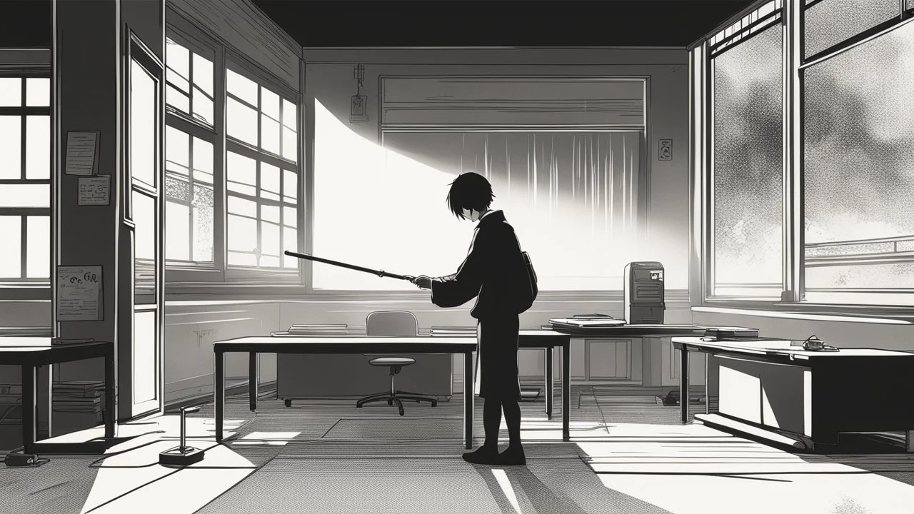 monochromatic japanese classroom with a shadowy figure looking out the window holding a transparent key emanating glow that colors the surroundings, anime