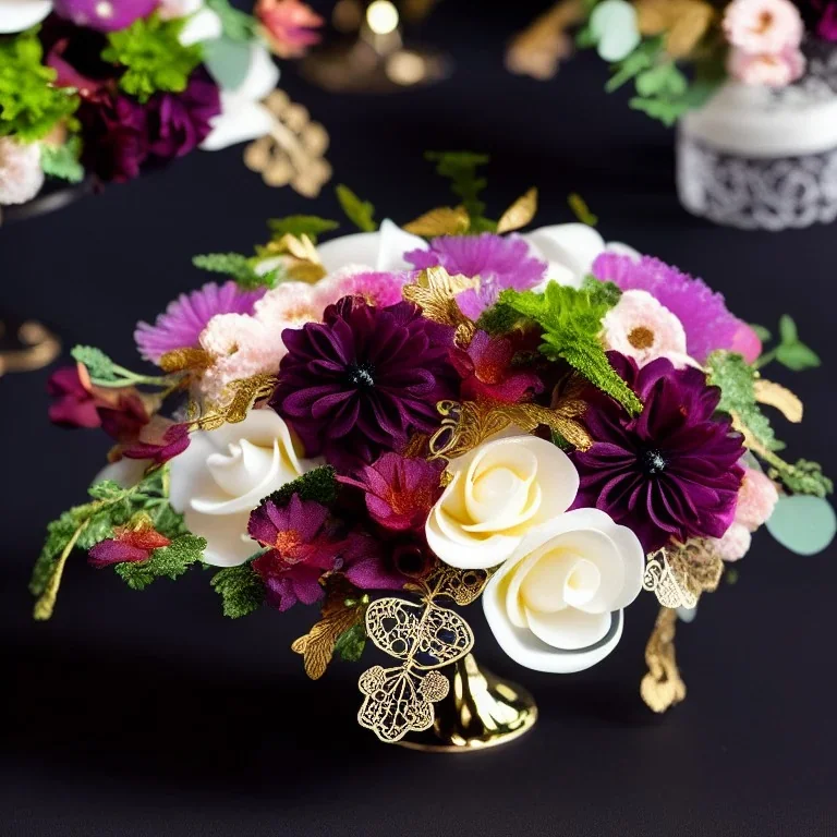 soft delicate flower arrangements with filigree in alcohol inks, soft black muted colors