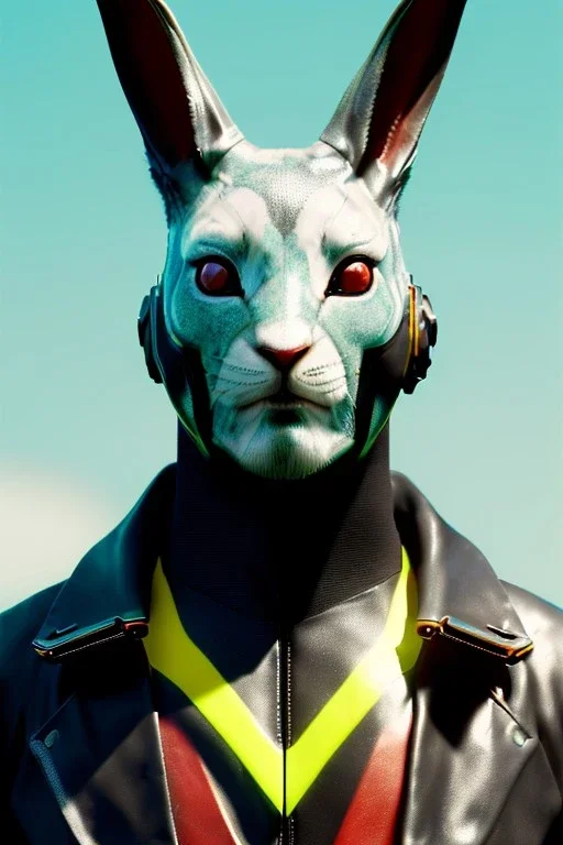 Medium Close Up Portrait, Front image. cyberpunk, rabbit mask, maori man, white short hair. latex, glossy suit. Yellow, black, red, color. Retro futuristic style. Color background, photo studio. Avatar image, highly detailed, concept art, smooth, unreal engine 5, god rays, ray tracing, RTX, lumen lighting, ultra detail, volumetric lighting, 3d, finely drawn, high definition, high resolution.