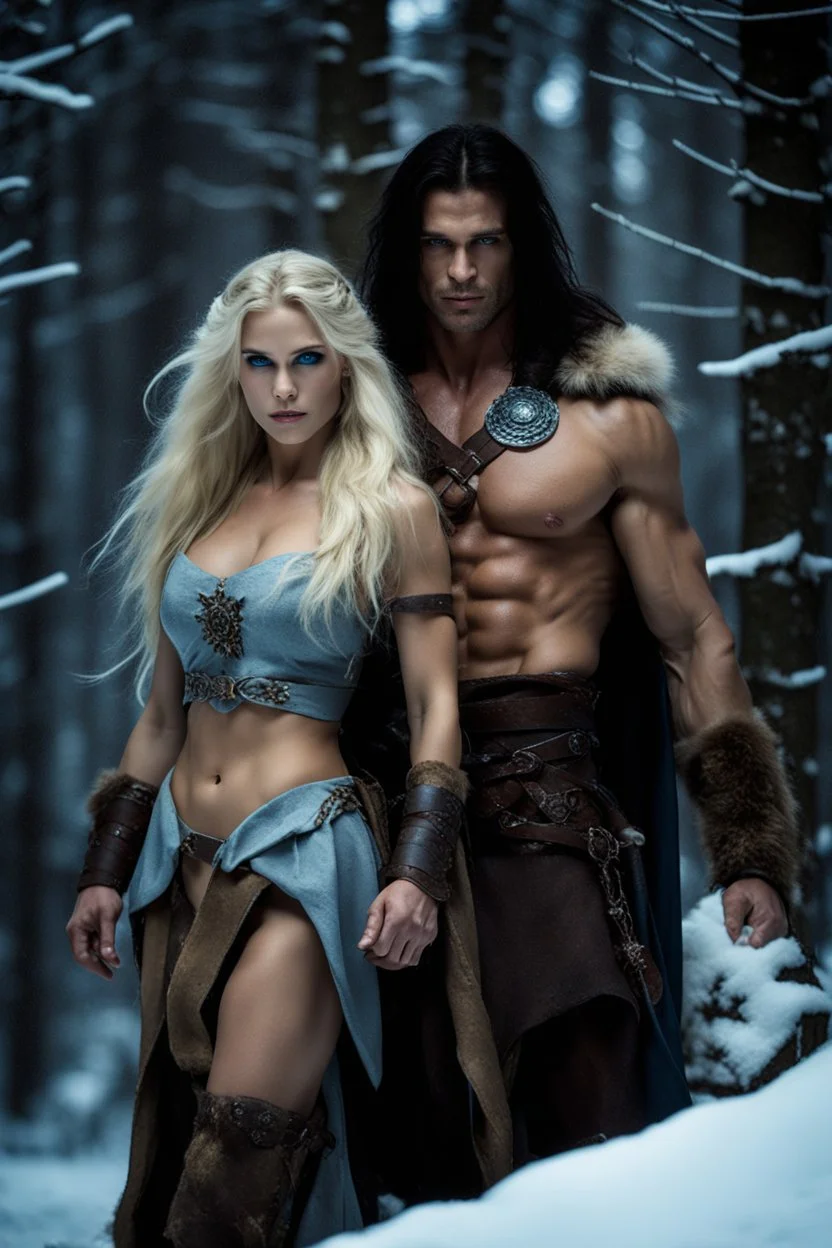 muscular male mountain man with long dark hair with a petit female long blonde hair and blue eyes, dark fantasy, snowy forest