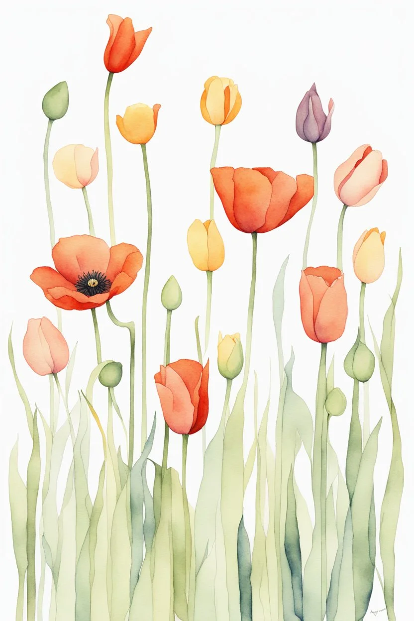 A minimalist watercolor painting of a group of poppies and tulips with a white background, inspired by the work of Luke Chueh. The flowers are losing their petals, but remain beautiful in their imperfection. The muted colors evoke a sense of poetry and spiritual evolution, while the connectedness of the flowers is emphasized by their placement on a postage stamp. This painting would make a great addition to any Pinterest board.