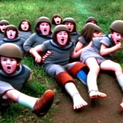 A foot falling down from the sky onto an army of children, in the style of Monty Python