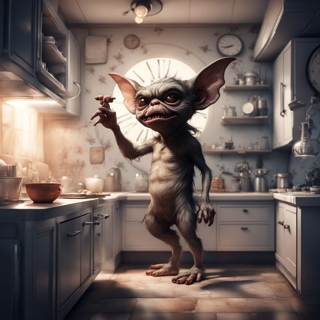 Mythical mogwai gremlin in kitchen, clock on wall shows 12am midnight, stunning ink illustration, 3d octane render, fantasy art,