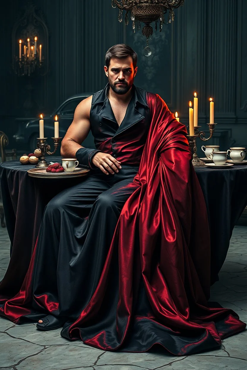 "prompt": "A dark, moody, surreal scene of a rugged auto mechanic at a decadent high tea. Instead of workwear, he now wears a flowing, high-fashion silk gown — glossy black with crimson undertones, draped dramatically yet smeared with streaks of oil and dust. BALL gown clings to his BUFF muscular frame while long folds cascade onto the cracked marble floor. He sits at a grand, candlelit tea table covered in black velvet, where tarnished silver trays hold eerie pastries, shattered porcelain cups
