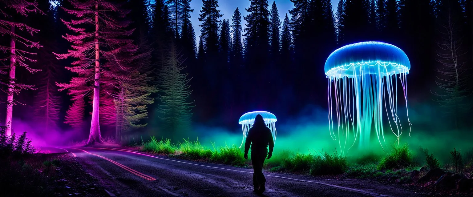 Bigfoot, investigating, closeup, giant bio luminous Rainbow floating high JellyFish, light floating in a forest, mist, light trails, nighttime, long exposure, Treeline, Alberta, scientist, Dystopian, Hyper detailed, Realistic, Extreme depth of field, bokeh blur, Alberta all-natural, National Geographic, in the style of candid, imperfection, natural lighting, cinematic, Fuji Film, Anamorphic lens, 2040s, --ar 4:5 --w 150 --style ra