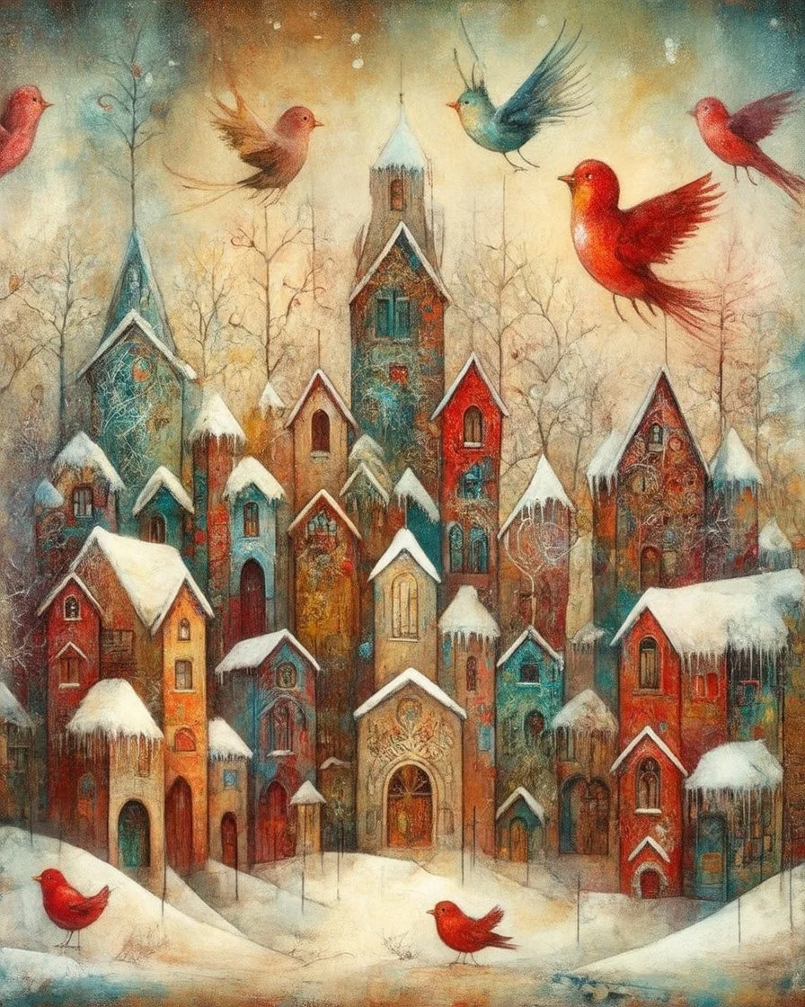 dance of snow-covered, whimsical, multicoloured houses of incredible architecture, bizarre Christmas trees and red, whimsical birds. Style of Inge Shuster, Catherine Hyde, Erica Hopper, Gabriel Pacheco, Jamie Heiden, Antoine Josse , Angelina Wrona, Duy Huyn, Cecilia Frigati, Esao Andrews. Abstract background with texture, grunge paper, mixed media art,acrylic, oil pastel, set of charcoal with different characteristics, pigments. Promt©valestok. Full size image, no text, no copyright. Modifiers: