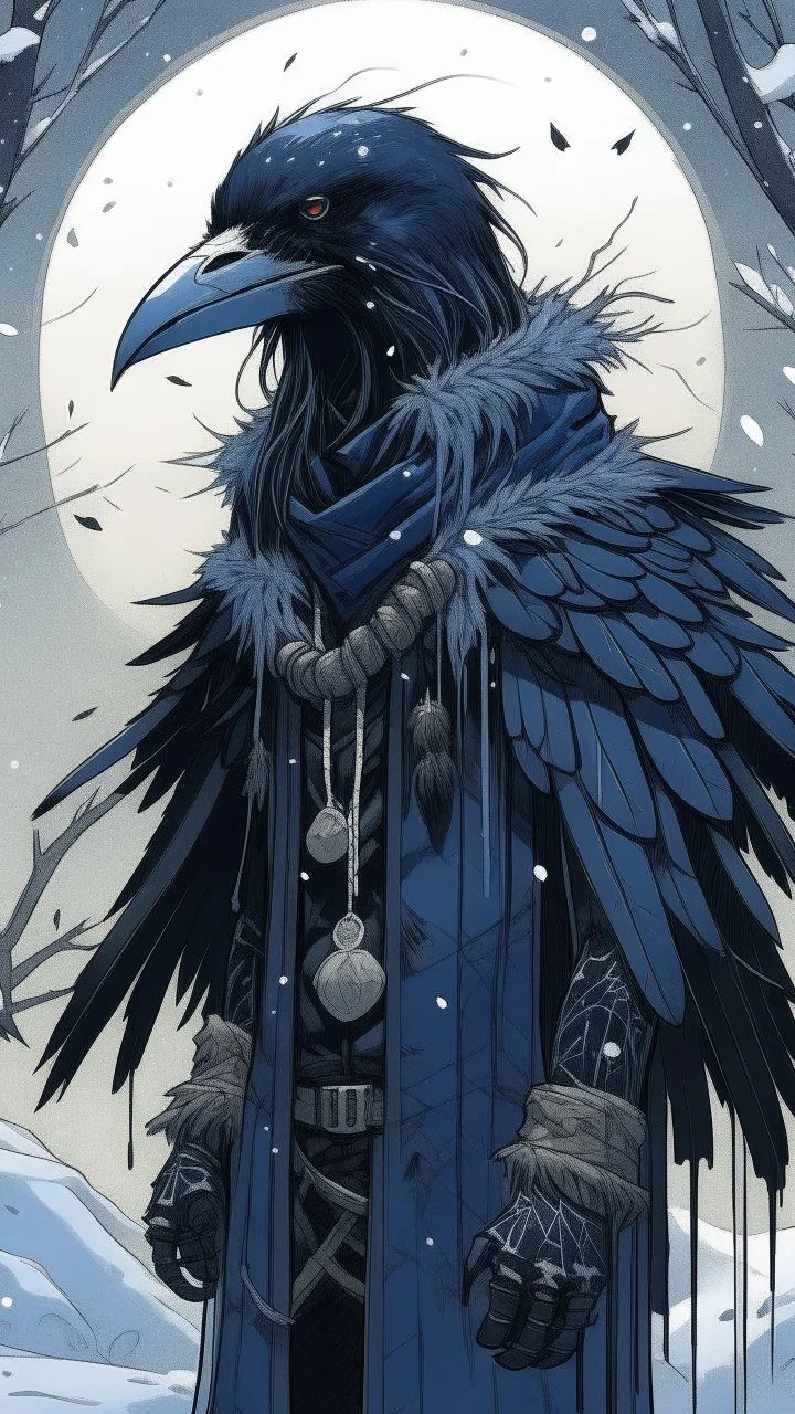 An illustration by Jakuchu and Matisse of a human-like raven adorned in a punk leather jacket within a snowy atmosphere.