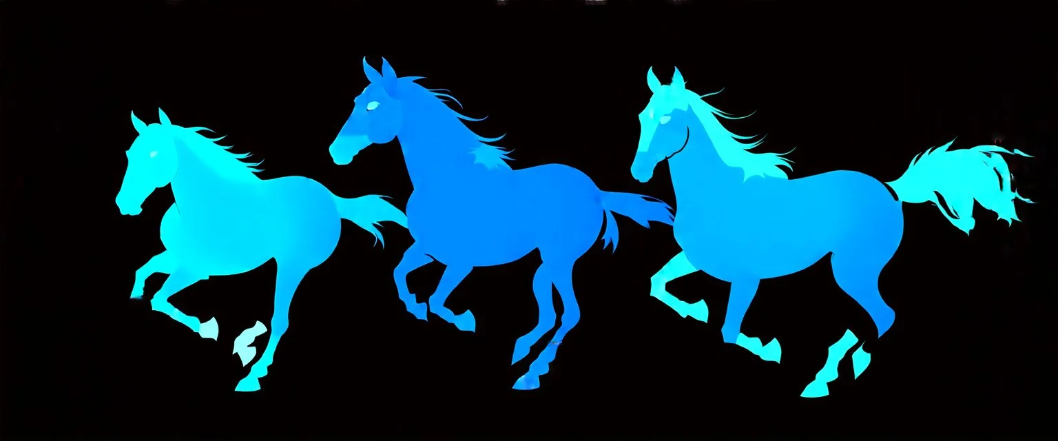 silhouette of 3 different horses running, middle horse at front, blue on black vector