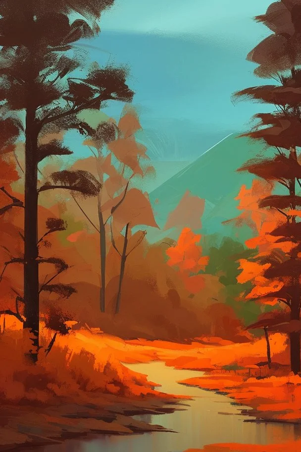 simply forest landscape with orange skye paint