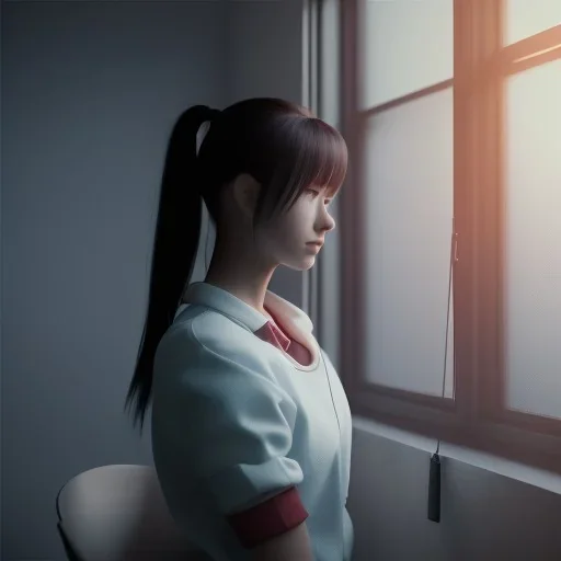 female student studying by the window, anime style,perfect face, cool face, unreal engine 5, cinema4d, sun light, studio lighting --ar 1:1 --v 4