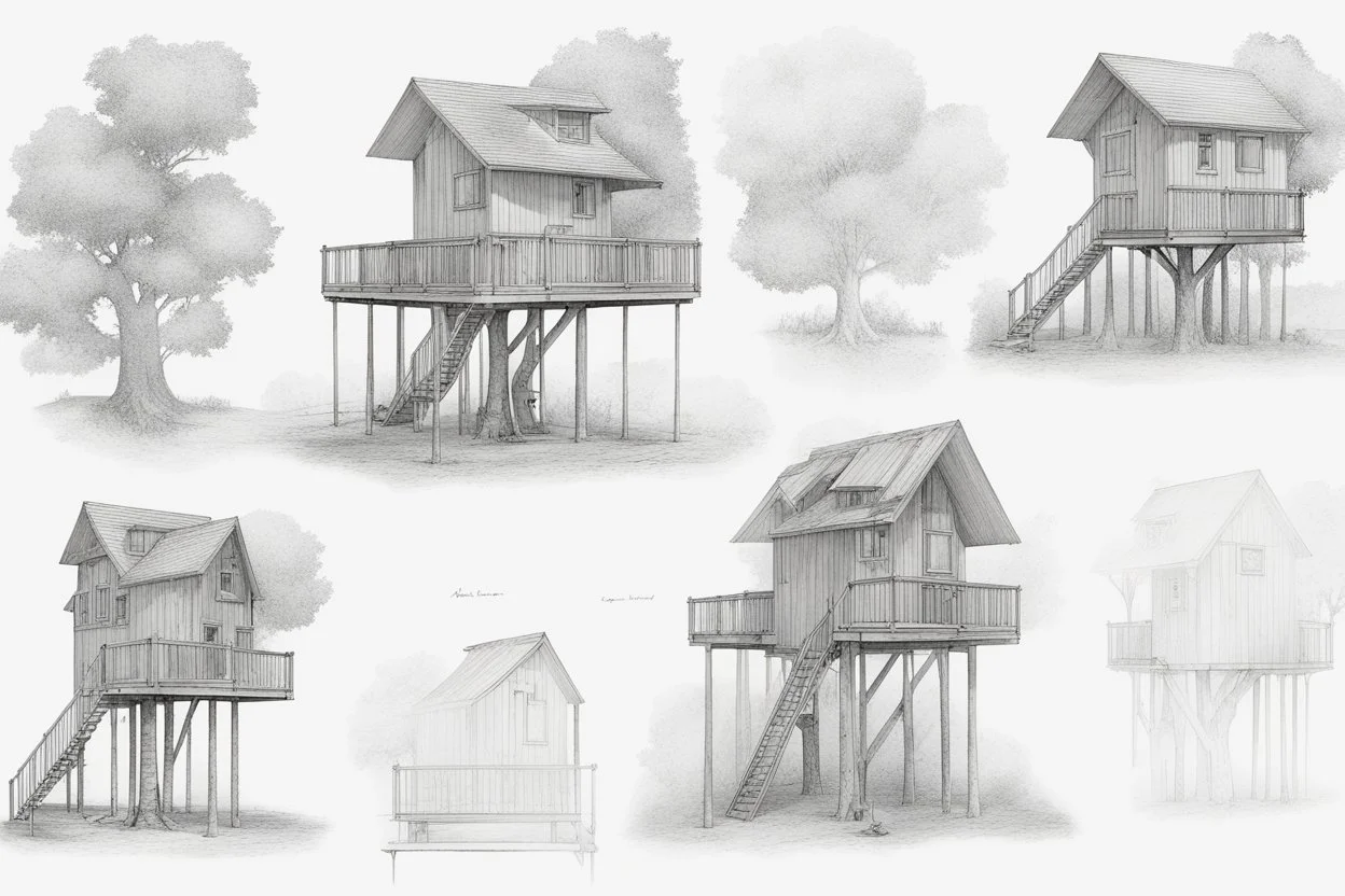 blueprint, tree house, four cabins, technical, illustration