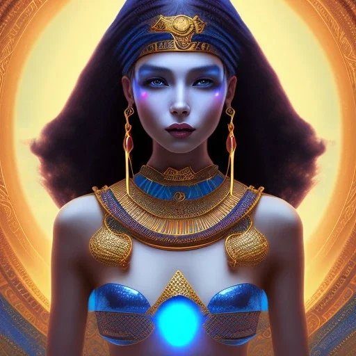 3D close-upand anime style of a beautiful Arab pharaonic girl, sarcastic smile, high contrast, glowing backlighting, blue and red backlighting, vibrant hair, dark brown eyes, sharp focus, high makeup, medium face painting, background blur.Mark Ryden