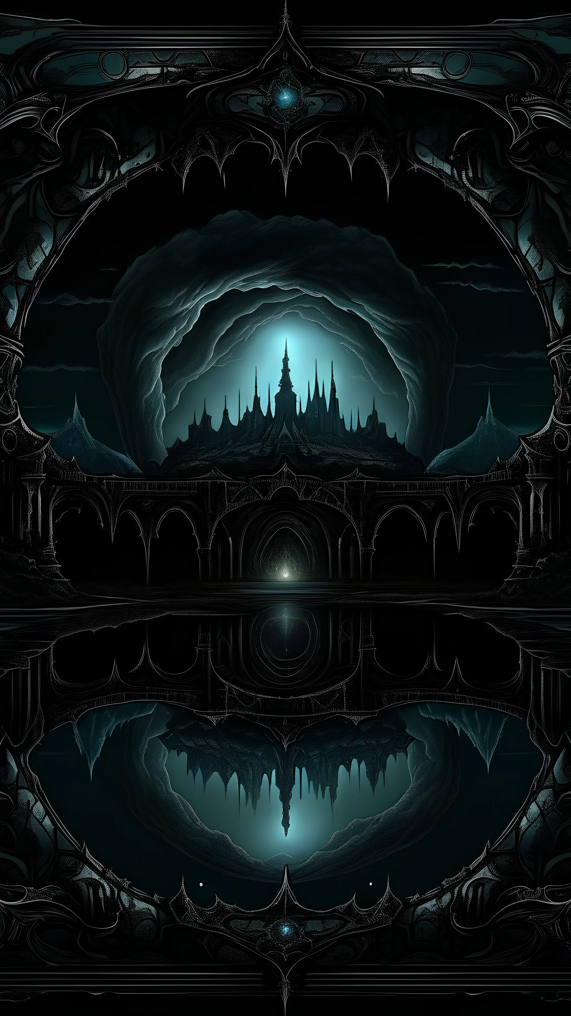 dark, gloomy and detailed landscape inspired by chrono trigger, mirrored by the sky, dark fantasy style