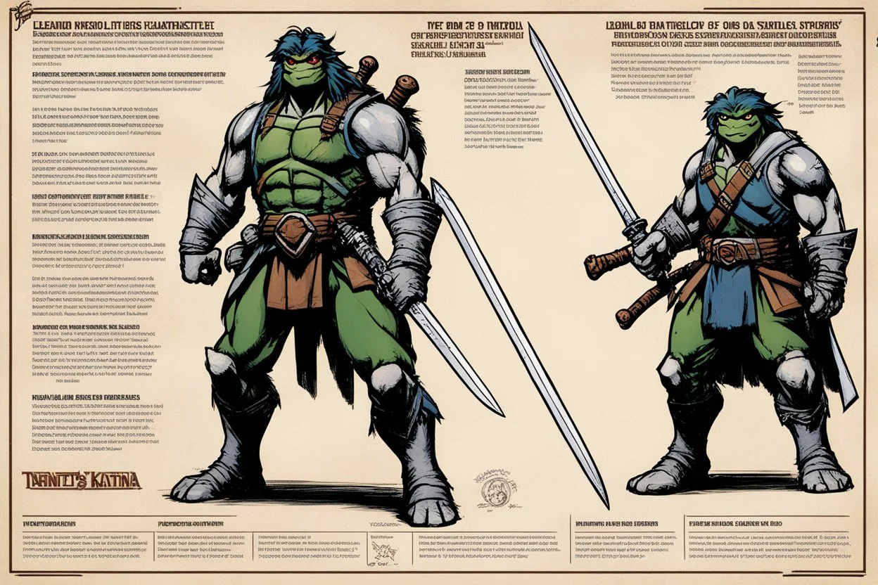 character concept sheet with AD&D statistics and characteristics, [high res illustration by Kevin Eastman and Peter Laird for TMNT module T04] leonardo's katana, michelangelo's nunchaku, donatello's bo staff, raphael's sai
