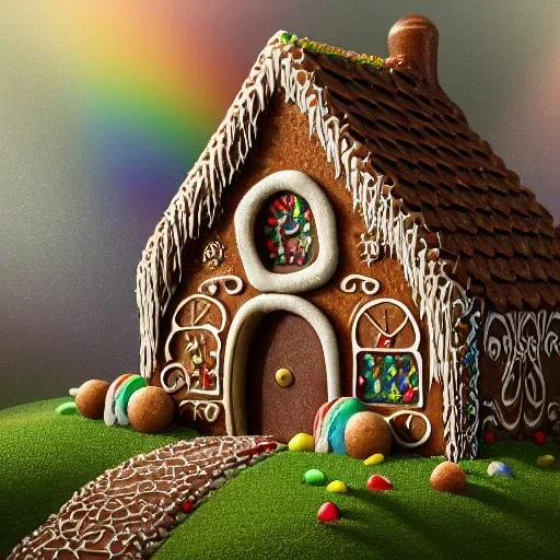 an intricate hobbit-style gingerbread house with rainbow sprinkles, frosting, vibreant crushed candy, 8k resolution, centered, high-quality, ultrafine-detail, digital art, flickering light, detailed matte, volumetric lighting, illustration, 3D octane render, brian froud, howard lyon, ben goossens, George Grie, greg rutowski, alphonse mucha