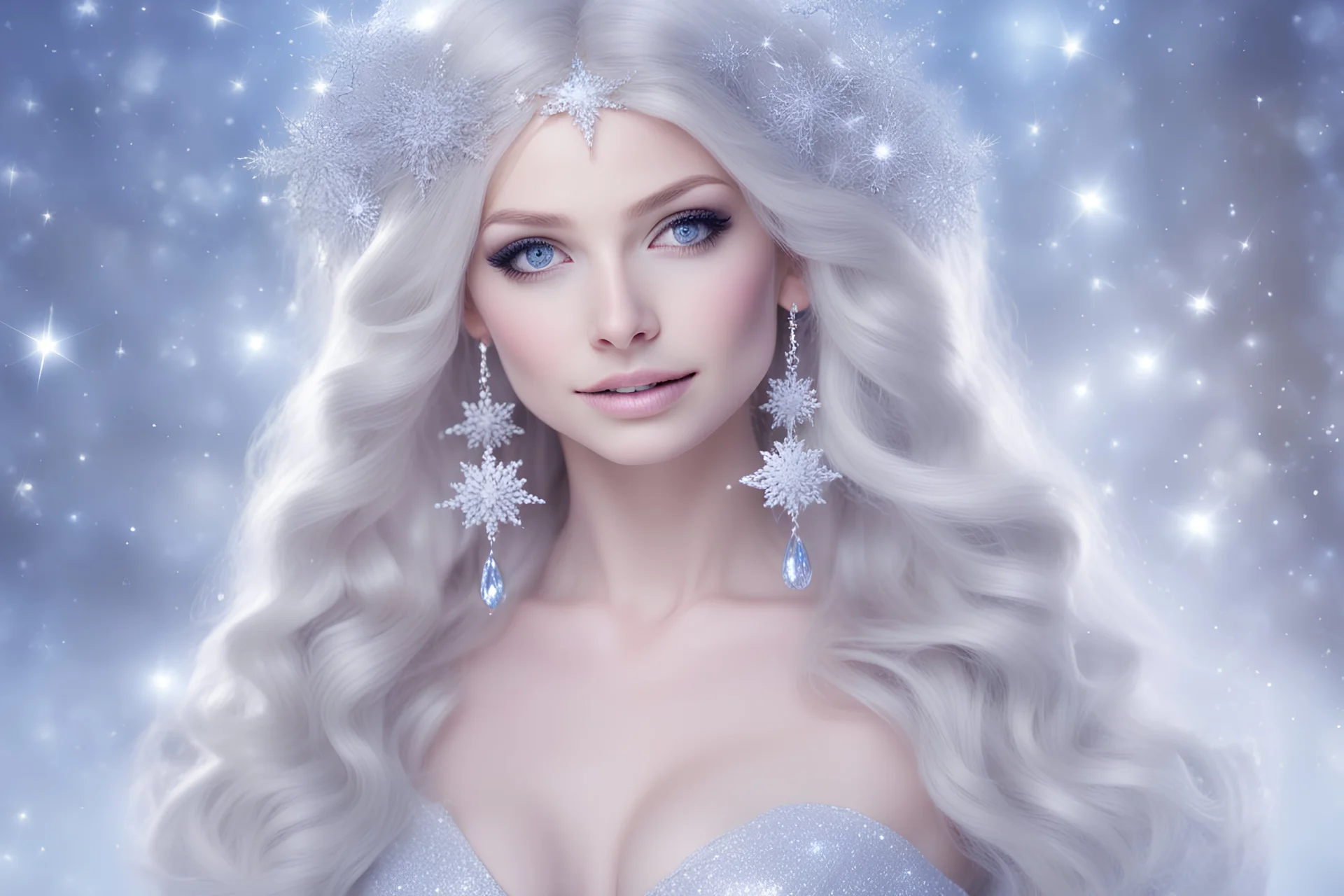 very beautiful fairy women with long hair, little smile, with cosmic silver metallic suite and brightly earings. in the background there is a bautiful little magic forest with snow and sky with stars and light beam