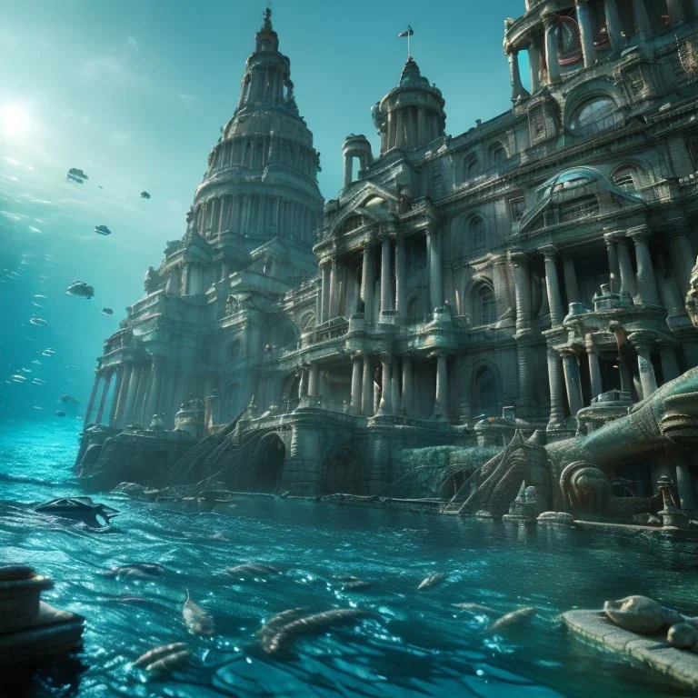 sunken underwater city of gods, fish swimming around, highly detailed, cinematic, ultra photorealistic, ultra realistic, volumetric lighting, sun shafts