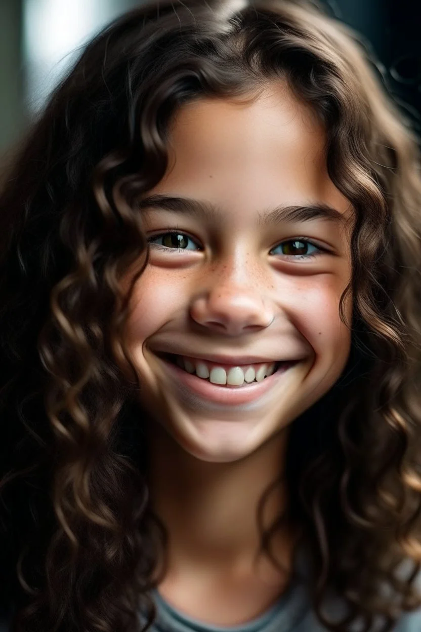 14 year old smiling girl with heterochromie, dark brown eyes, long dark brown frizzy curls, freckles all over the face, gap between incisor teeth