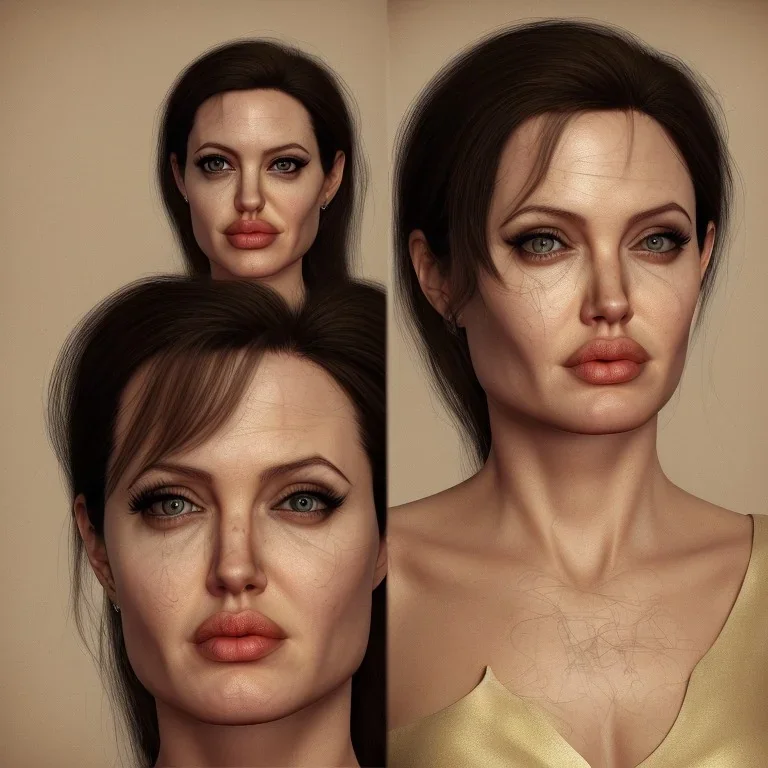 centered, Realist, head and shoulders portrait, angelina jolie young face, golden dress athena god