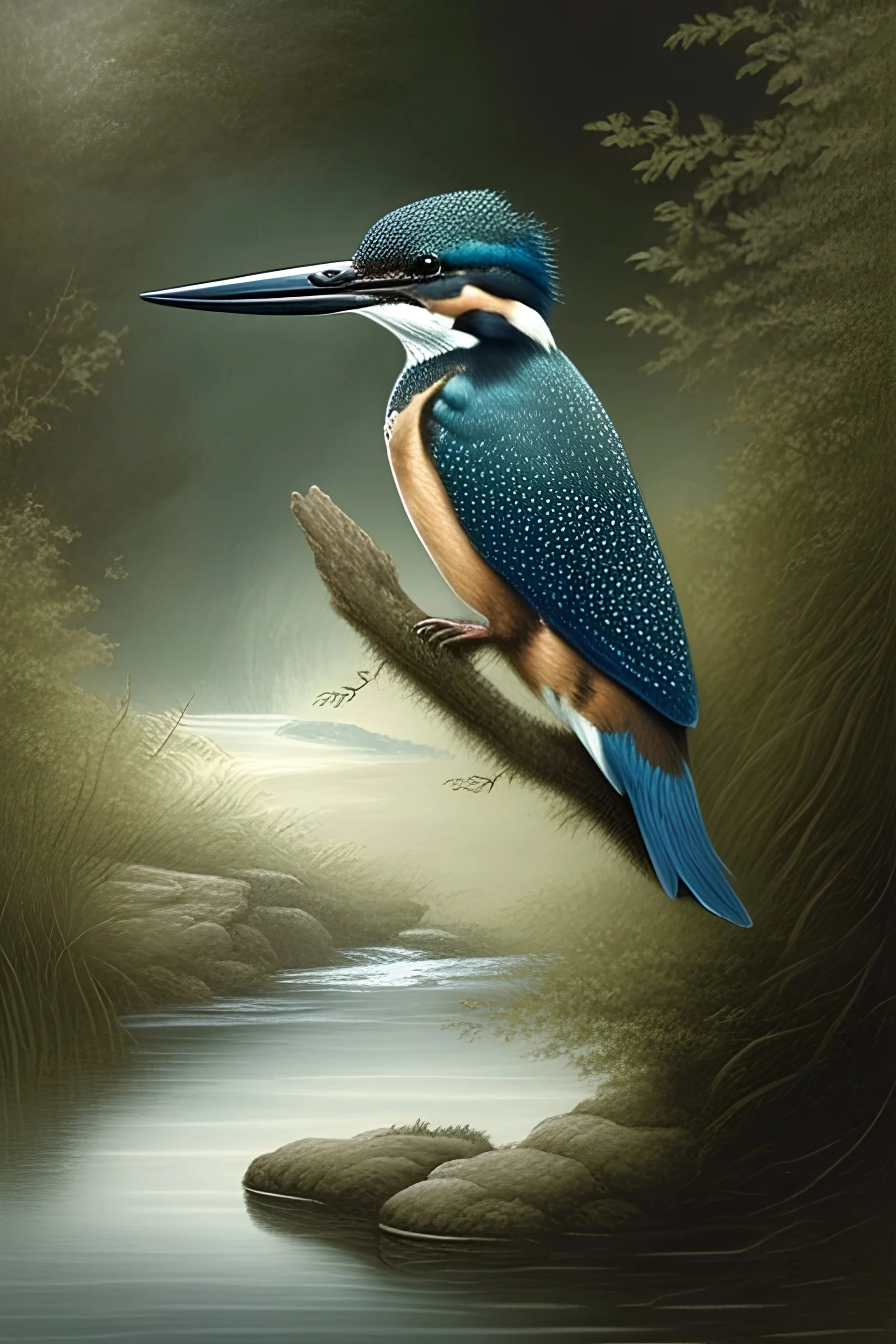 a beautiful kingfisher at a brook. highly detailed, smooth colours, realistic landscape