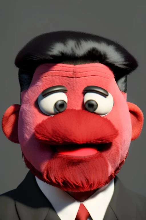 Waist up muppet Portrait, Kim Jong-un muppet doll, black suit, photo studio, red background, unreal engine 5, concept art, art station, god lights, ray tracing, RTX, lumen lighting, ultra detail, volumetric lighting, 3d.