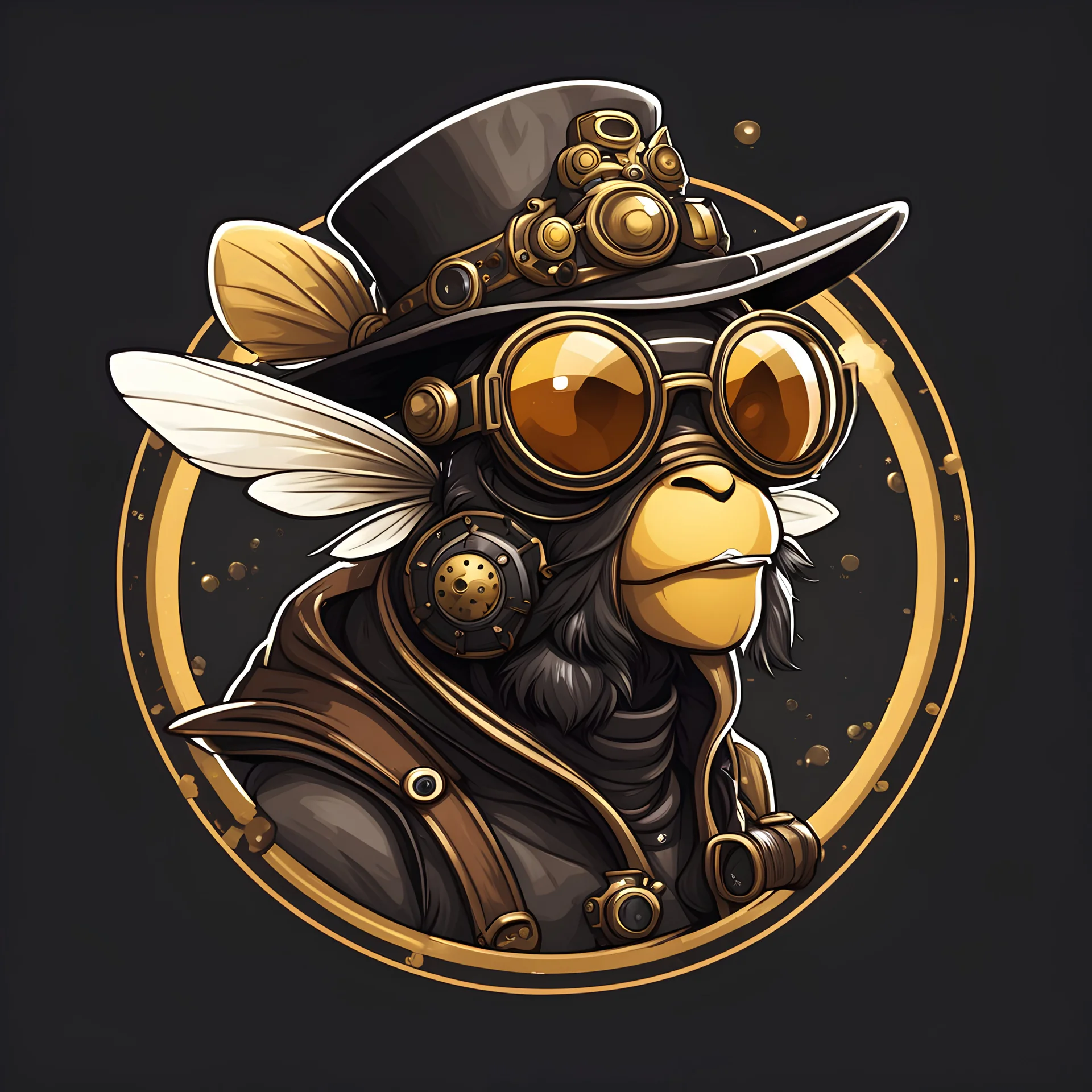 logo profile bee wearing steampunk googles and hat, flat cartoon style dark background