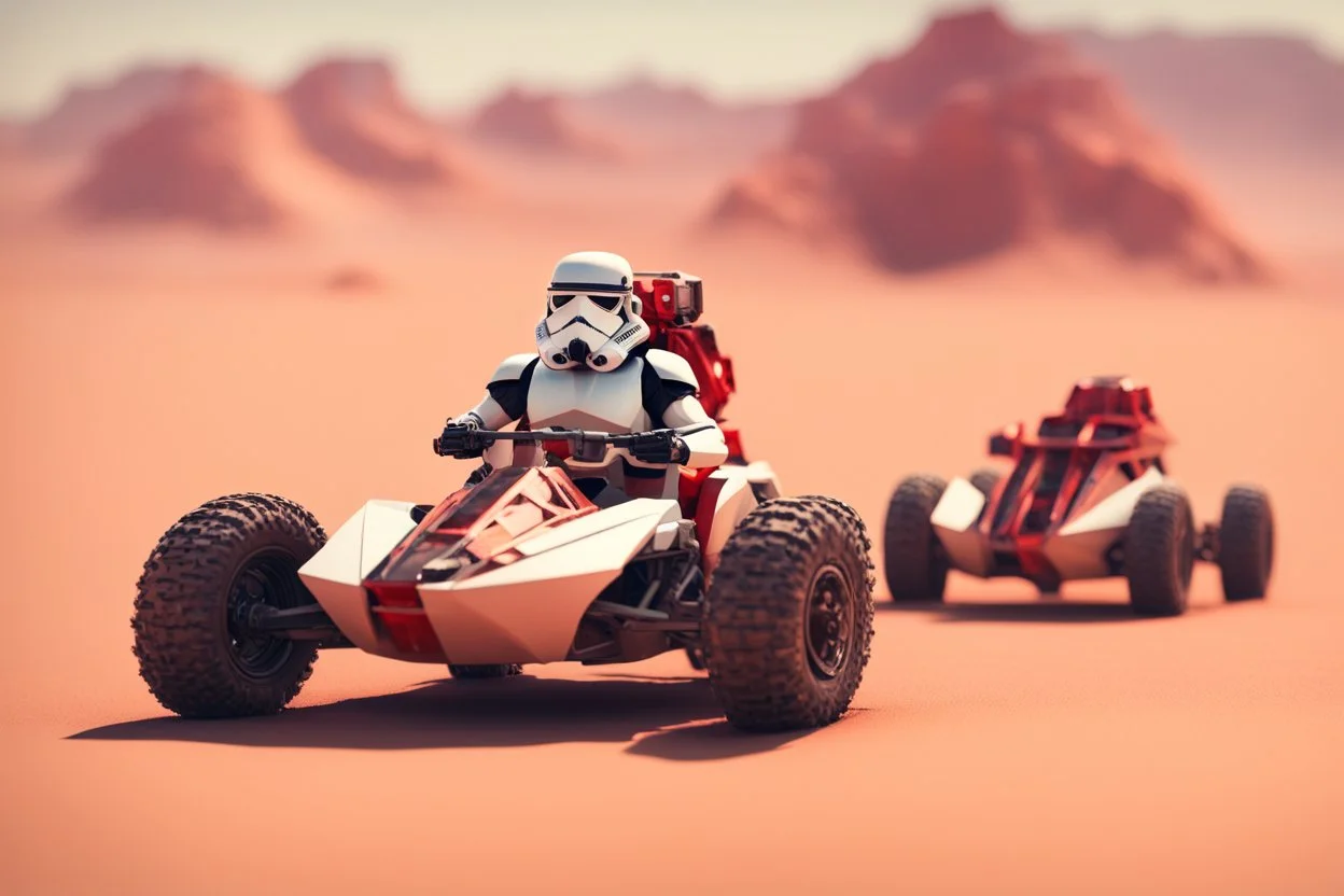 lowpoly storm trooper driving highly symmetric metallic rocket propelled mad max ATV that looks like a helmet with rounded glass bubble roof in red desert, bokeh like f/0.8, tilt-shift lens 8k, high detail, smooth render, down-light, unreal engine, prize winning