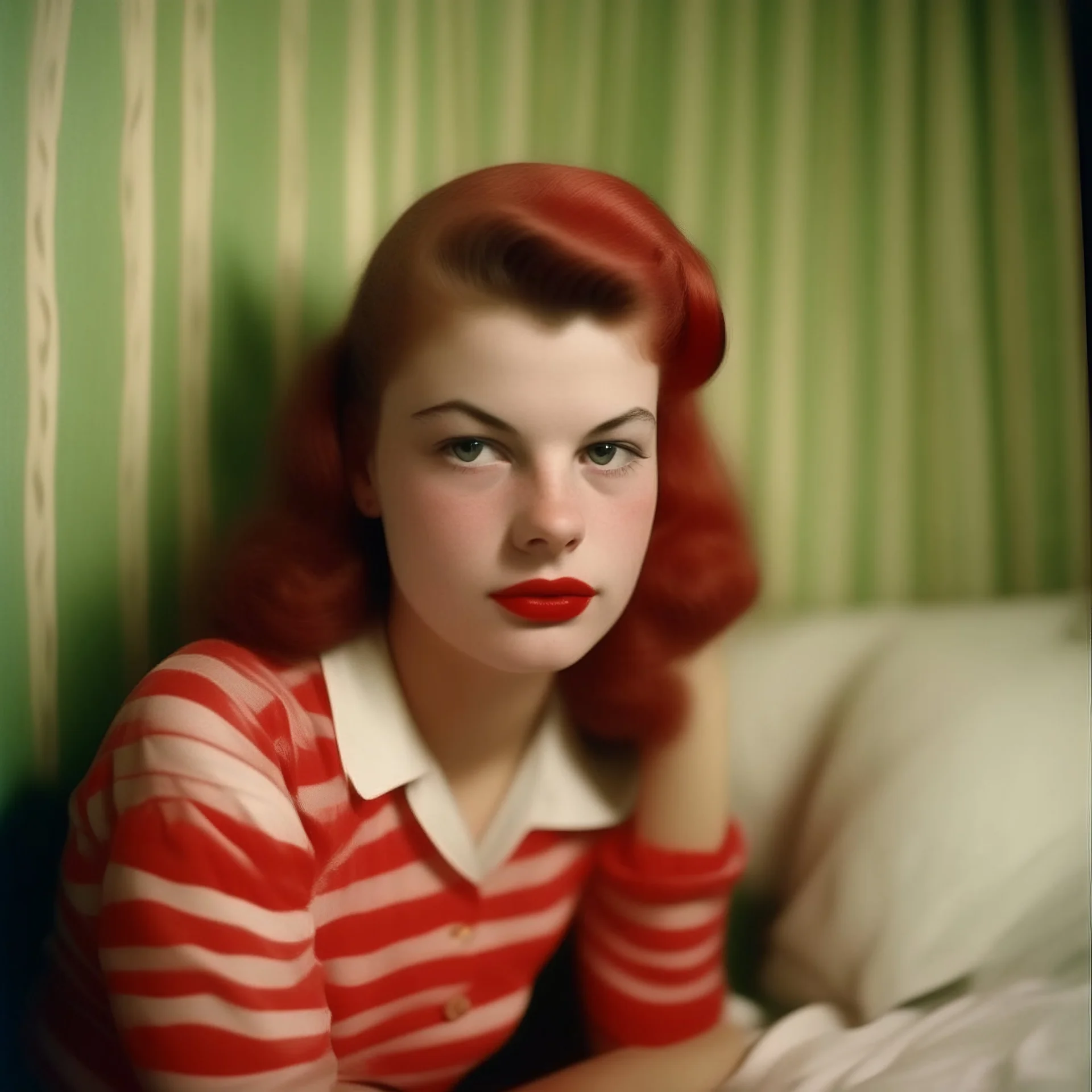 Young jayne mansfield with freckles and red cheeks, in a bedroom, autochrome, background with red and white stripes