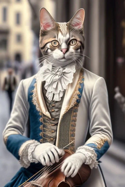 Mature cats dressed like "Wolfgang Amadeus Mozart", paws, playing music, street, Vienna, friendly, sunny day, model style, hyper realistic, extremely accurate, delicate, extremely detailed, Graphic novel style, wide-angle, open aperture, superfine pencil